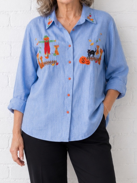 Karen Scott Tops - Vintage Chambray Halloween Pumpkin Shirt Sz 1X Embroidered Cotton Fall Teacher